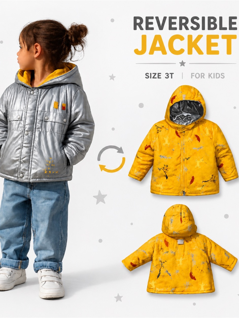 Toddler Jacket Marese Paris Reversible Yellow Silver Hooded Coat Size 3A